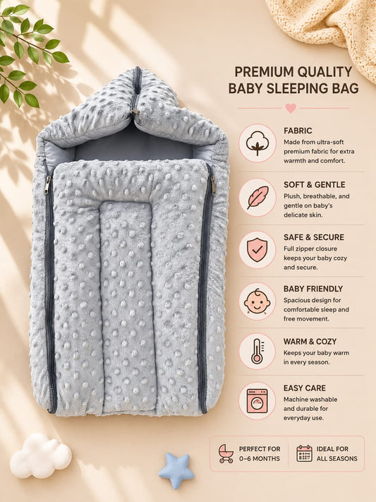 Premium Baby Sleeping Bag | Ultra Soft Minky Baby Wrap Cum Sleeping Bed | Newborn Swaddle Sleeping Bag | Grey | 0–6 Months
