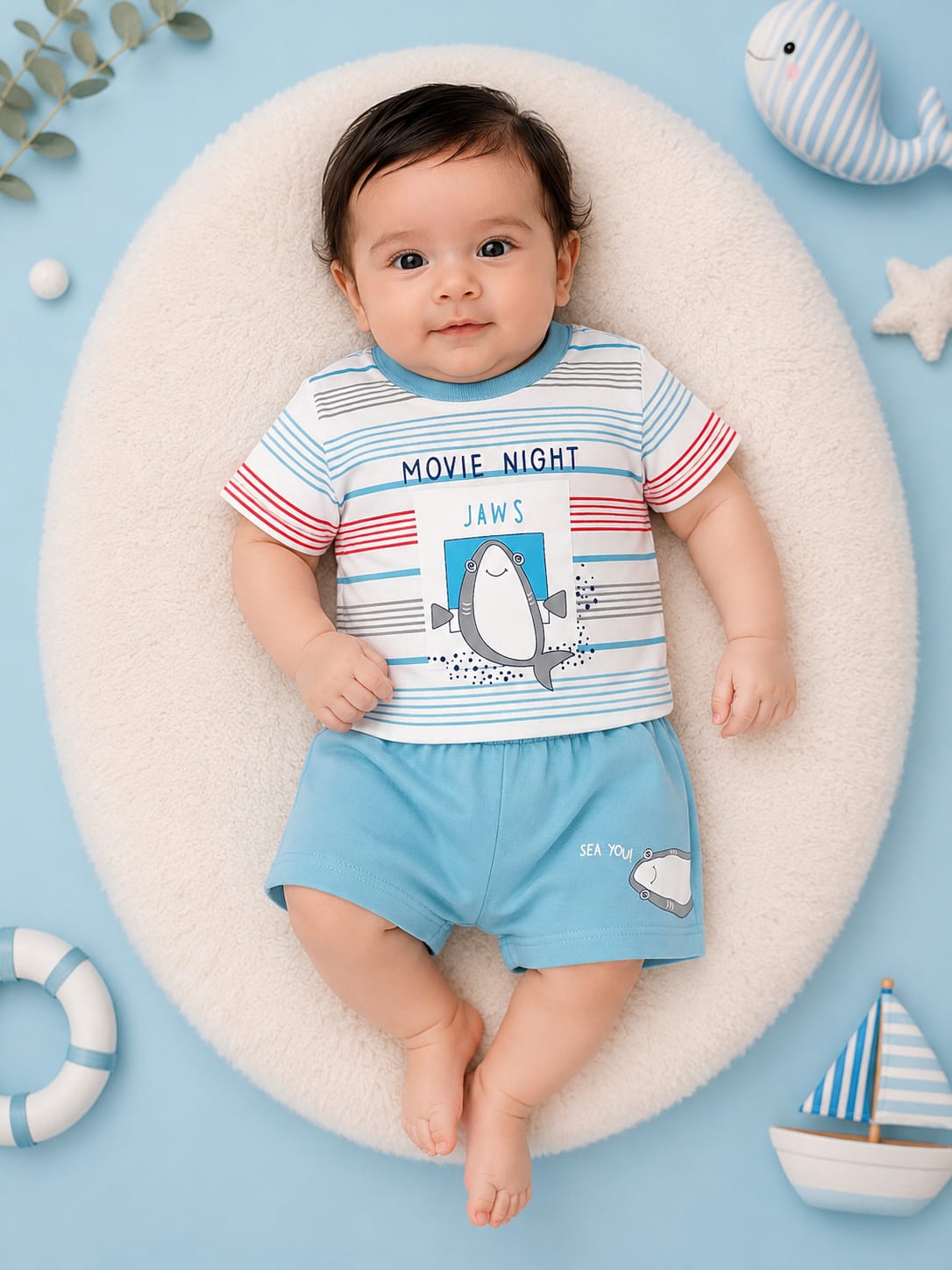 Baby Boys Cotton T-Shirt & Shorts Co-Ord Set | Soft Summer Outfit | Shark Print | Sky Blue | 3–9 Months