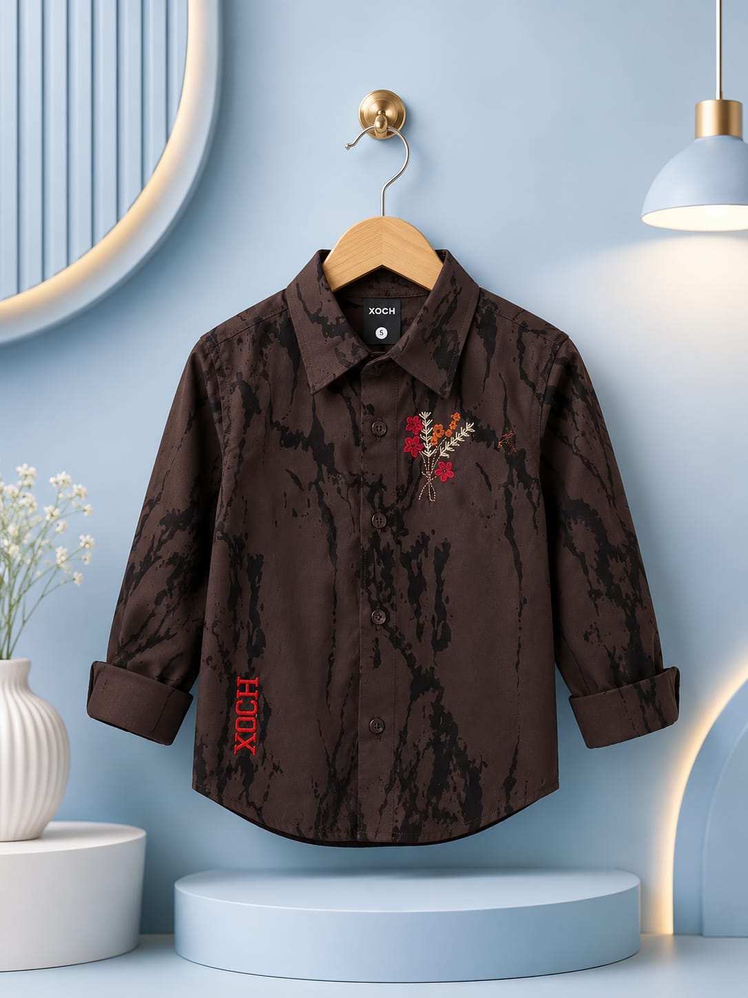 Boys Premium Brown Printed Embroidered Cotton Shirt | Casual Party Wear (1–5 Years)