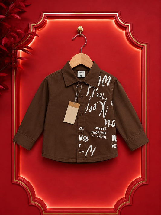 Boys Coffee Brown Printed Casual Cotton Shirt | Premium Korean Style | 1-5 Years