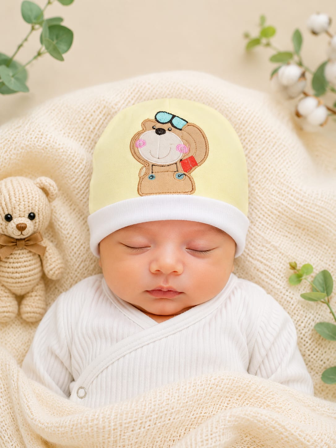 Newborn Baby Cotton Cap with Cute Bear Embroidery | Soft & Comfortable Infant Cap (0–3 Months)