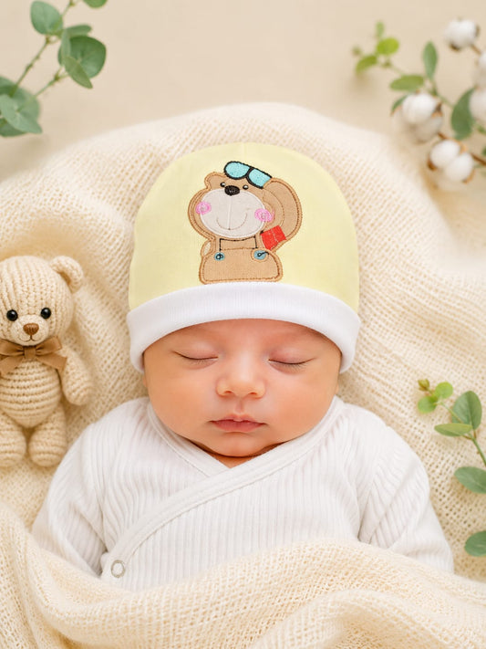Newborn Baby Cotton Cap with Cute Bear Embroidery | Soft & Comfortable Infant Cap (0–3 Months)