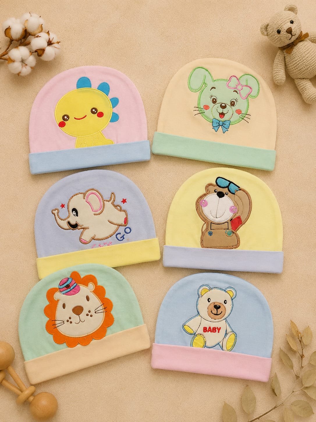 Newborn Baby Cotton Cap with Cute Puppy Embroidery | Soft Infant Beanie Cap (0–3 Months)