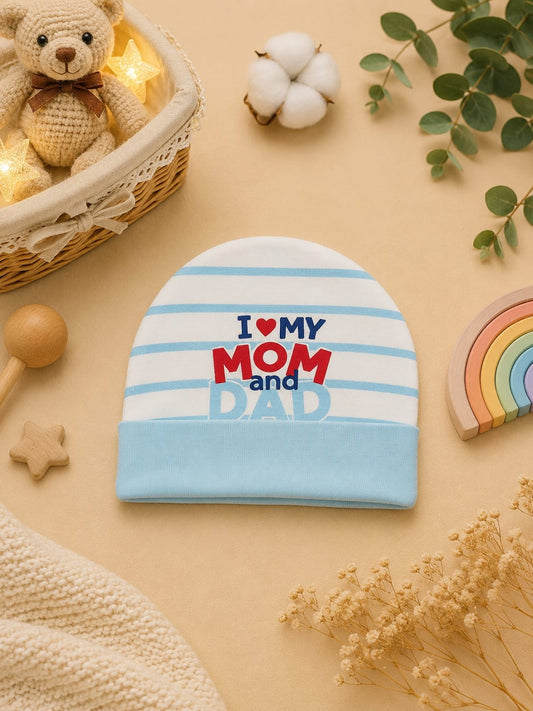 Newborn Baby Cotton Cap – "I ❤️ My Mom and Dad" Printed Soft Beanie Cap | Yellow (0–3 Months)
