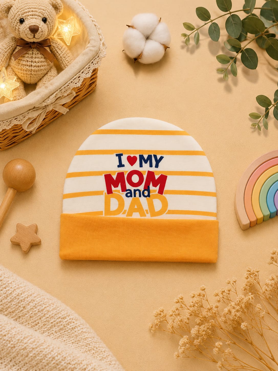 Newborn Baby Cotton Cap – "I ❤️ My Mom and Dad" Printed Soft Beanie Hat | Yellow & White (0–3