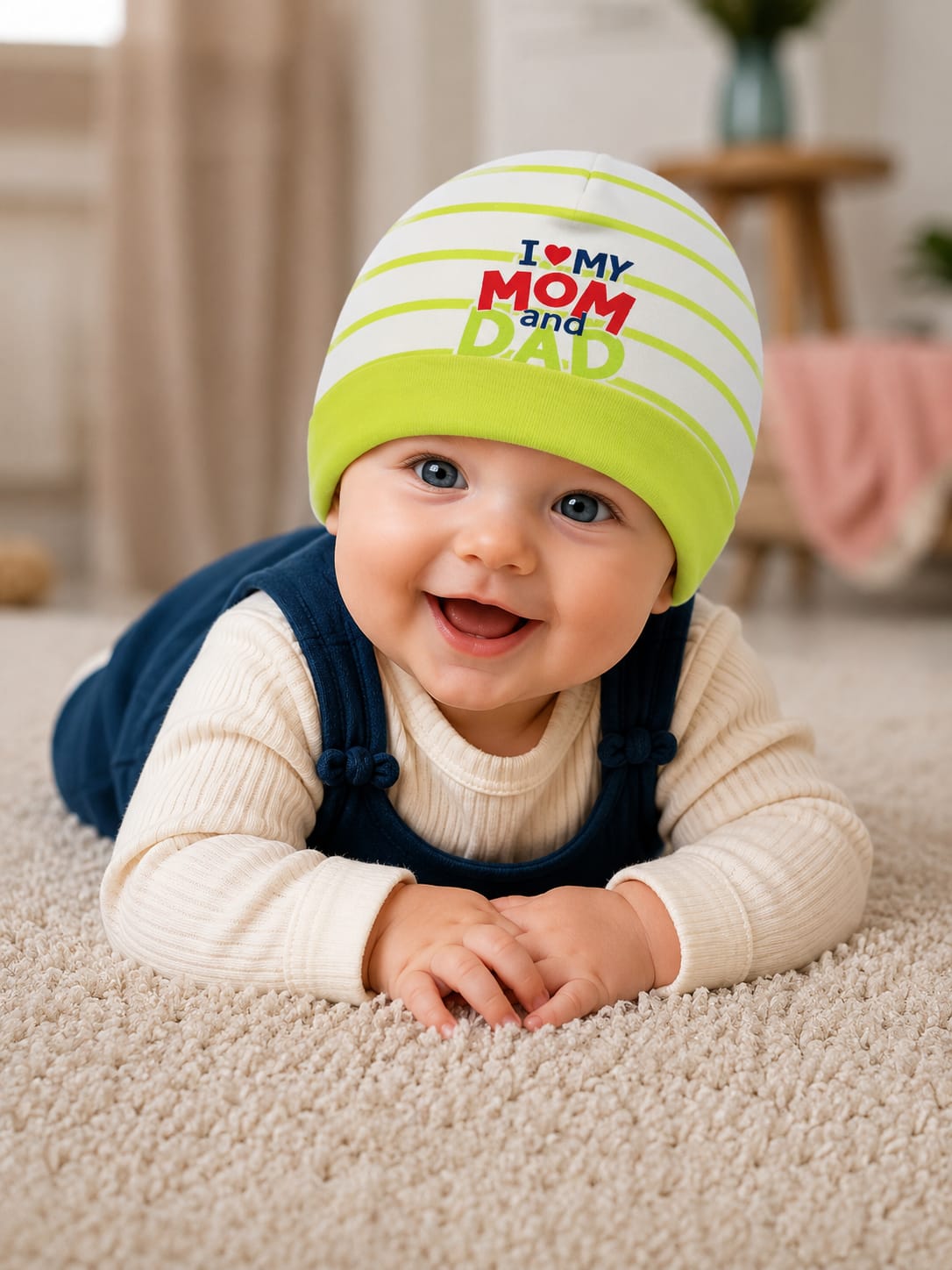 Newborn Baby Cotton Cap – "I ❤️ My Mom and Dad" Printed Soft Beanie Hat | Green & White (0–3 Months)