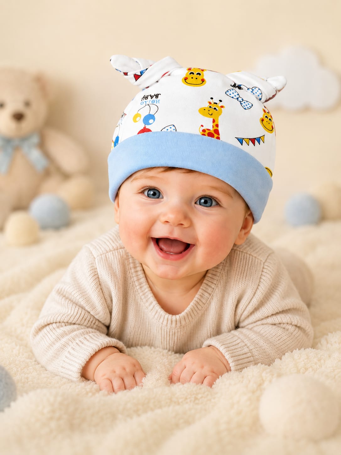 Newborn Baby Soft Cotton Knot Cap – Cute Cartoon Print Beanie Hat for Boys & Girls | 0–3 Months