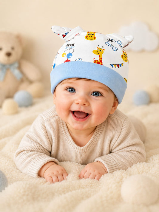 Newborn Baby Soft Cotton Knot Cap – Cute Cartoon Print Beanie Hat for Boys & Girls | 0–3 Months