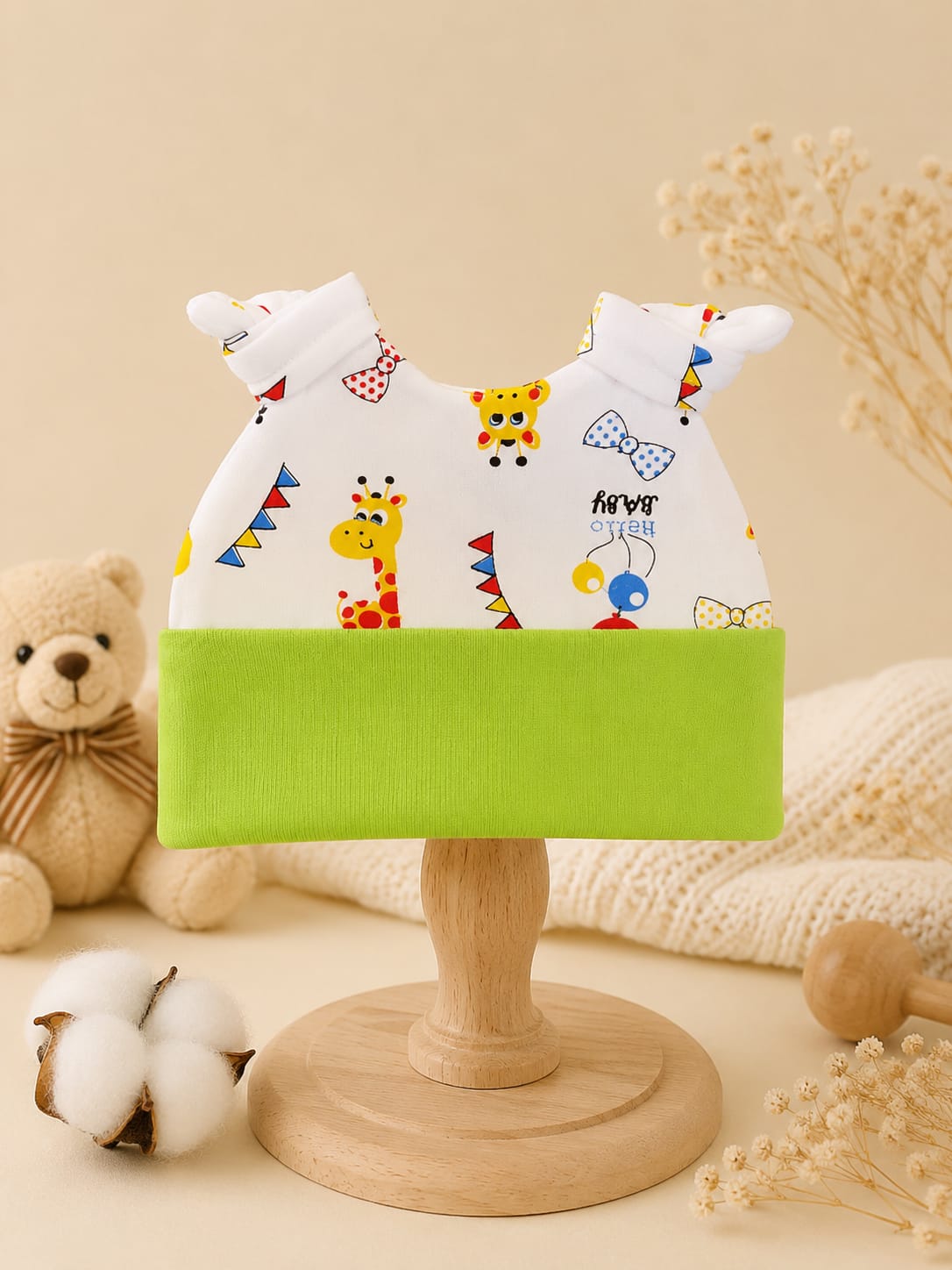 Newborn Baby Soft Cotton Knot Cap – Cute Cartoon Print Beanie Hat for Boys & Girls | Green (0–3 Months)