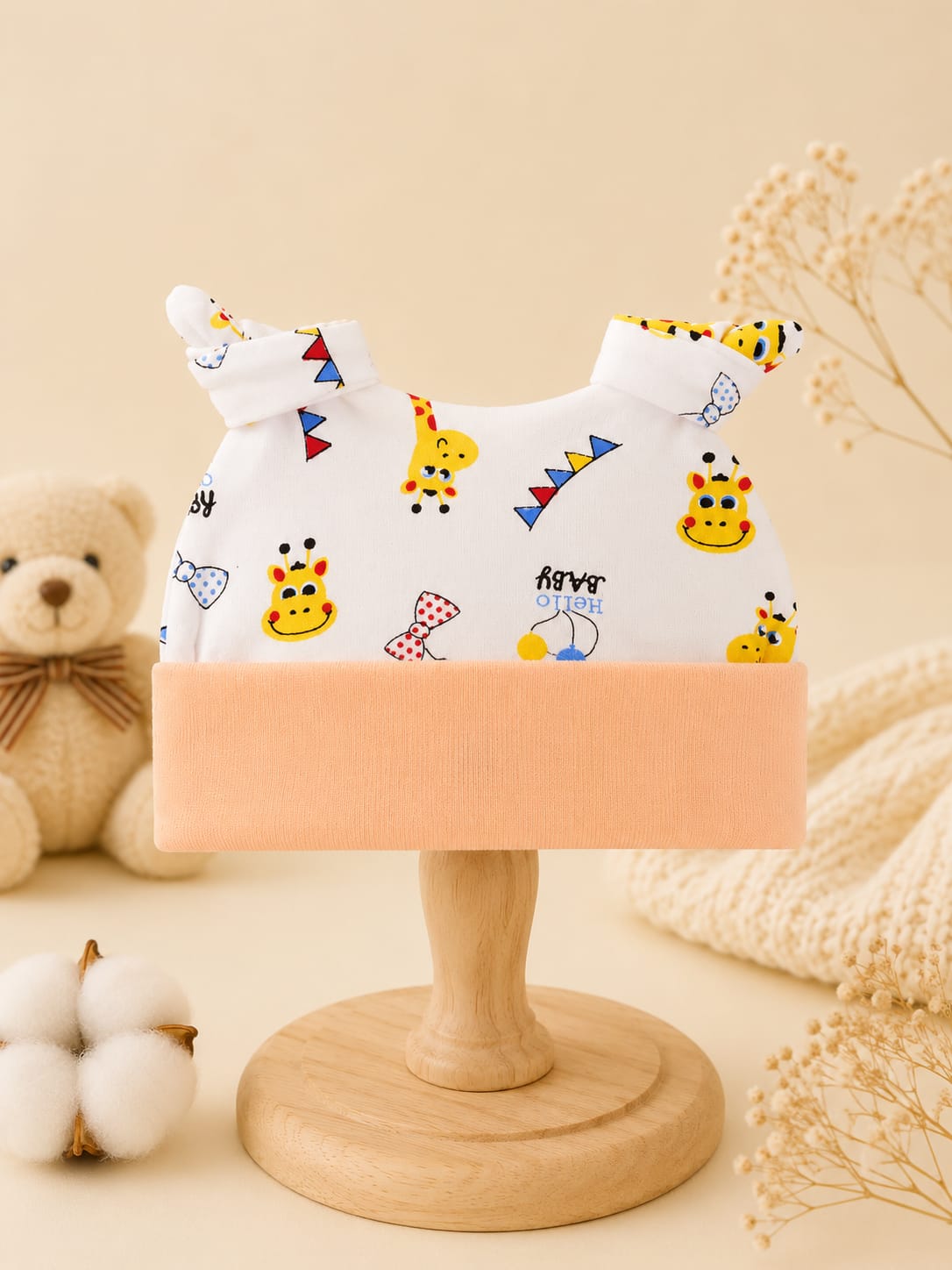 Newborn Baby Cotton Knot Cap | Soft Printed Baby Beanie Hat with Cute Ears | Infant Hospital Cap (0–3 Months)