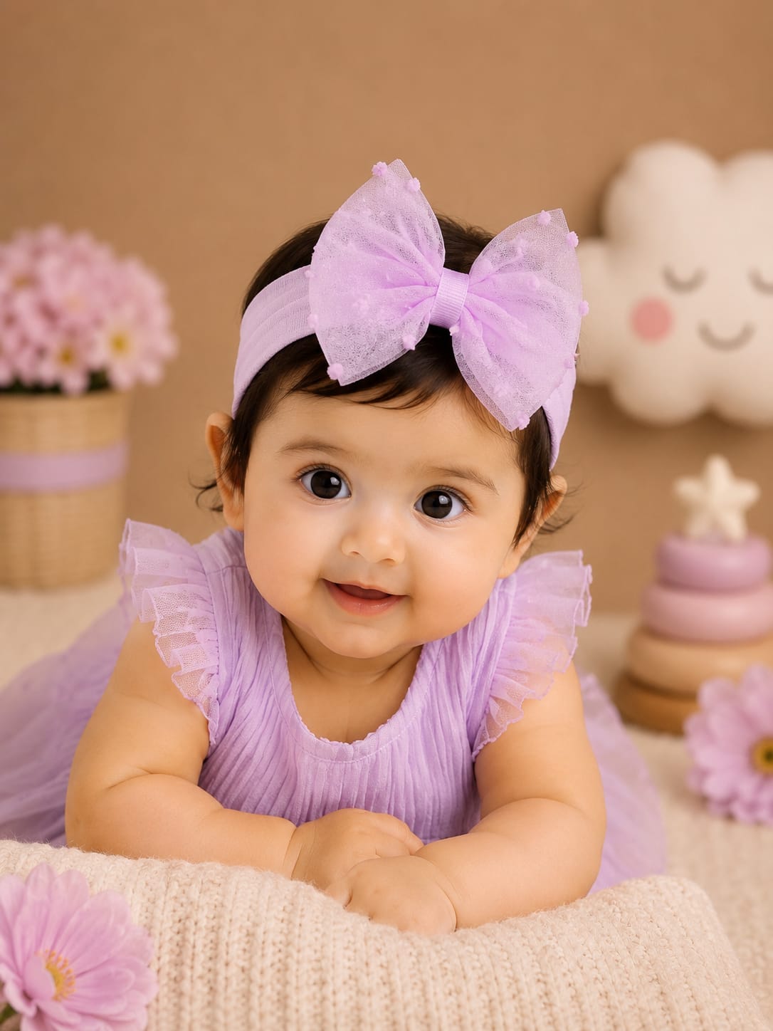 Baby Girl Premium Bow Headband | Soft Stretch Nylon Hair Band | Cute Lavender Bow Headwrap for Newborn & Infant (0–24 Months)