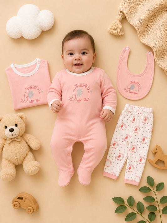 Newborn Baby 4-Piece Cotton Clothing Gift Set | Romper, T-Shirt, Pants & Bib | Soft Pink Infant Outfit (0–12 Months)