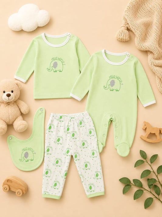 Newborn Baby 4-Piece Cotton Clothing Set | Romper, T-Shirt, Pants & Bib | Soft Green Infant Gift Set (0–12 Months)