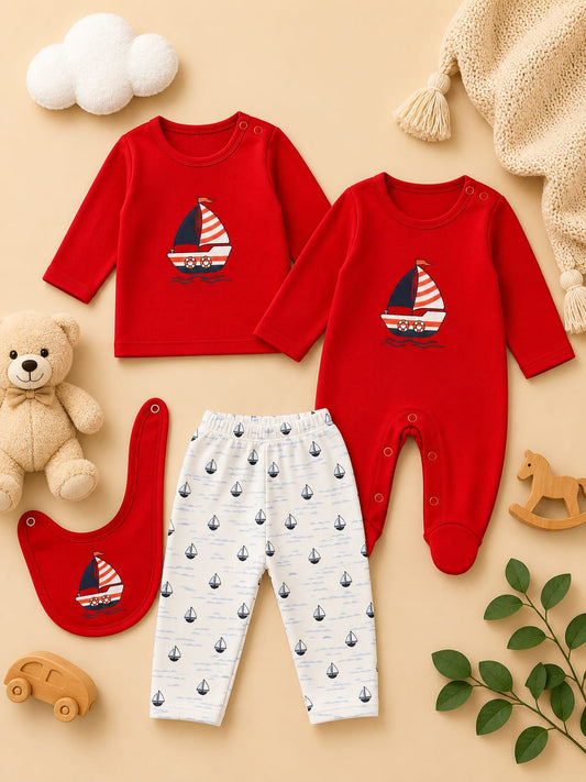 Newborn 4-Piece Baby Clothing Set – Cotton Romper, T-Shirt, Pajama & Bib (Red Sailboat Print)