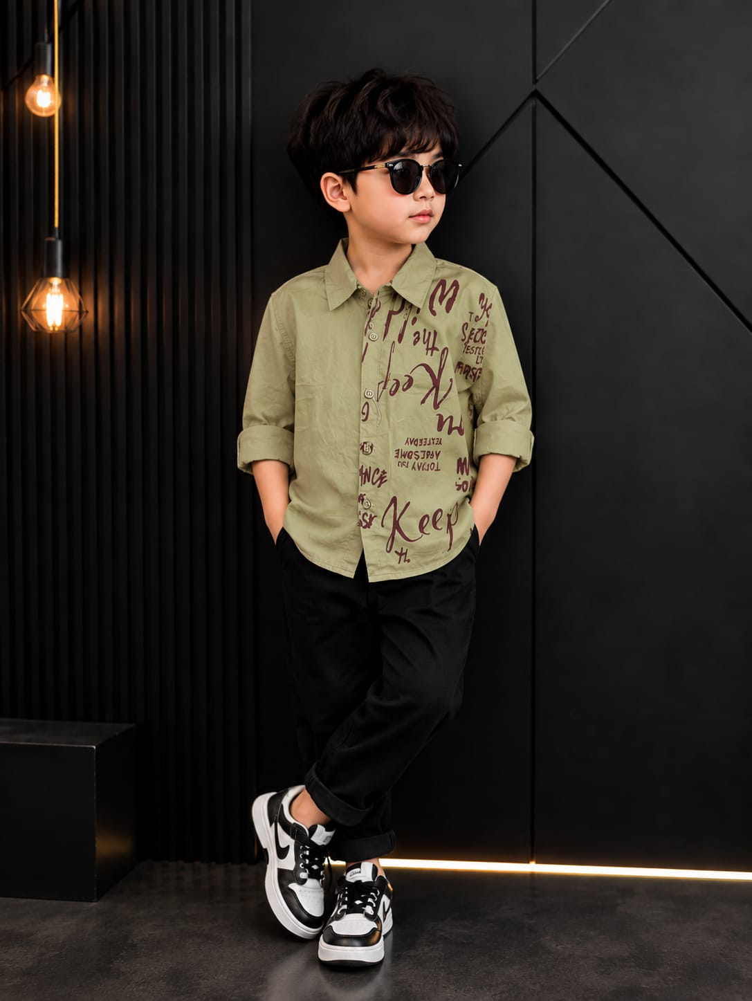 Boys Premium Printed Olive Green Full Sleeve Shirt | Casual Party Wear (2–7 Years)