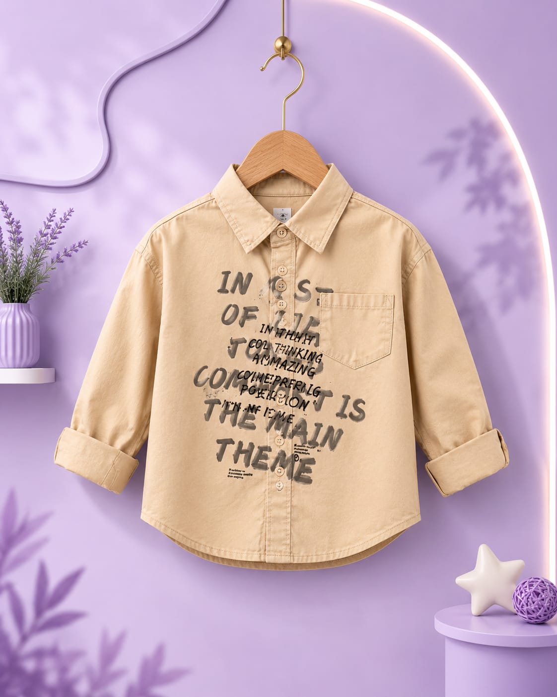 Boys Premium Beige Printed Full Sleeve Shirt | Casual Party Wear (2–7 Years)