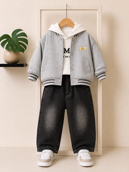 Boys 3-Piece Winter Cord Set – Hooded T-Shirt, Jacket & Denim Pants | Premium Casual Wear (Size 18–26)