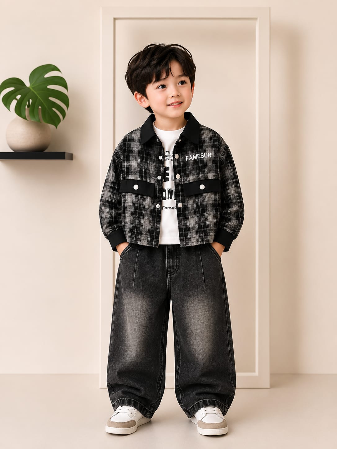Boys 3 Pcs Premium Winter Outfit Set | Check Shirt Jacket + Printed T-Shirt + Black Denim Jeans | Kids Casual Wear (Size 18–26)