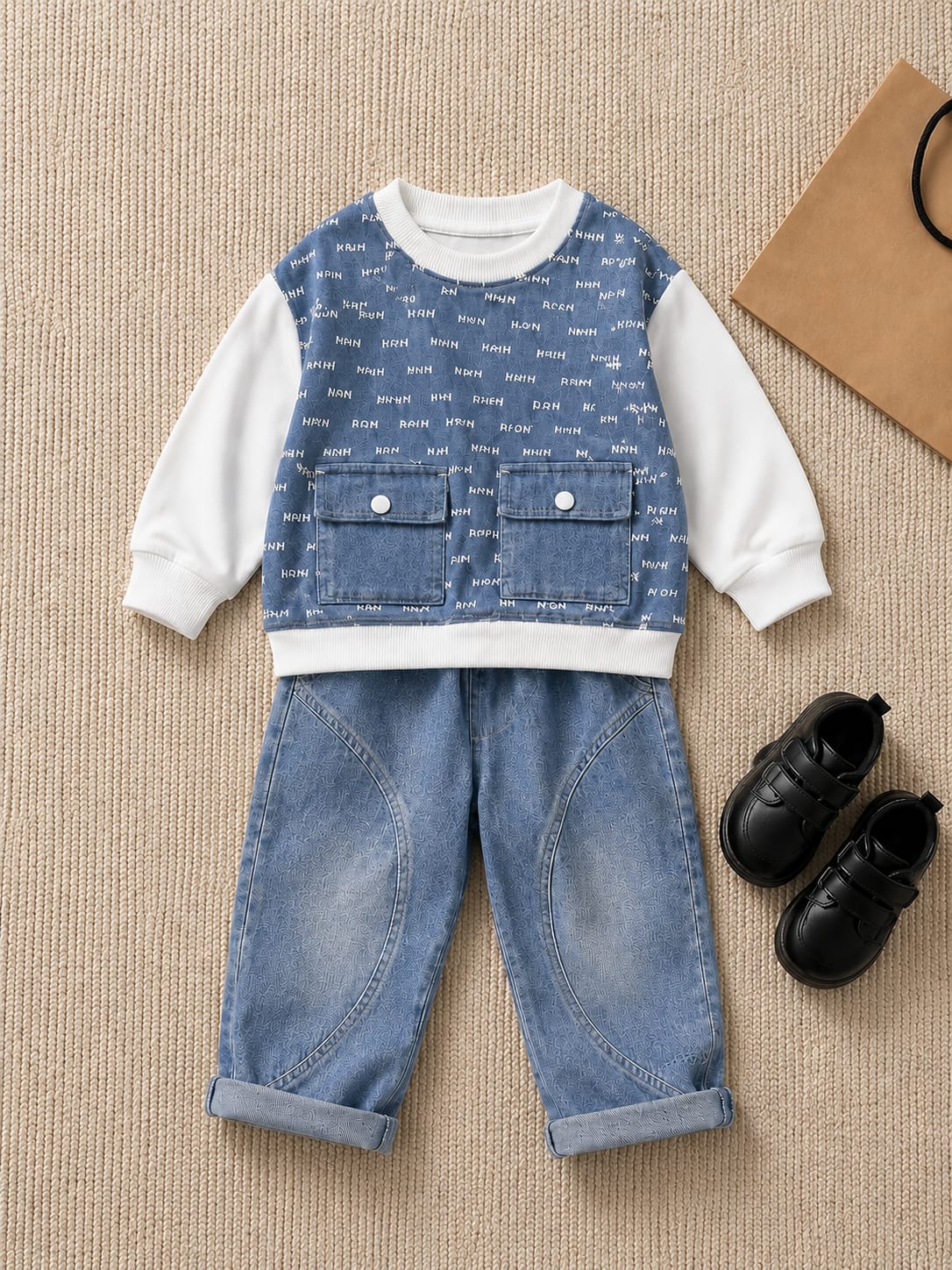 Boys Premium Denim Co-Ord Set | Printed Sweatshirt & Denim Jogger | Blue | Size 18–26