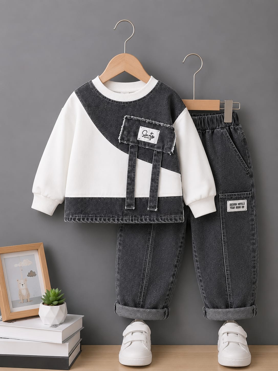 Boys Premium Grey Denim Co-Ord Set | Designer Sweatshirt & Denim Jogger | Size 18–26