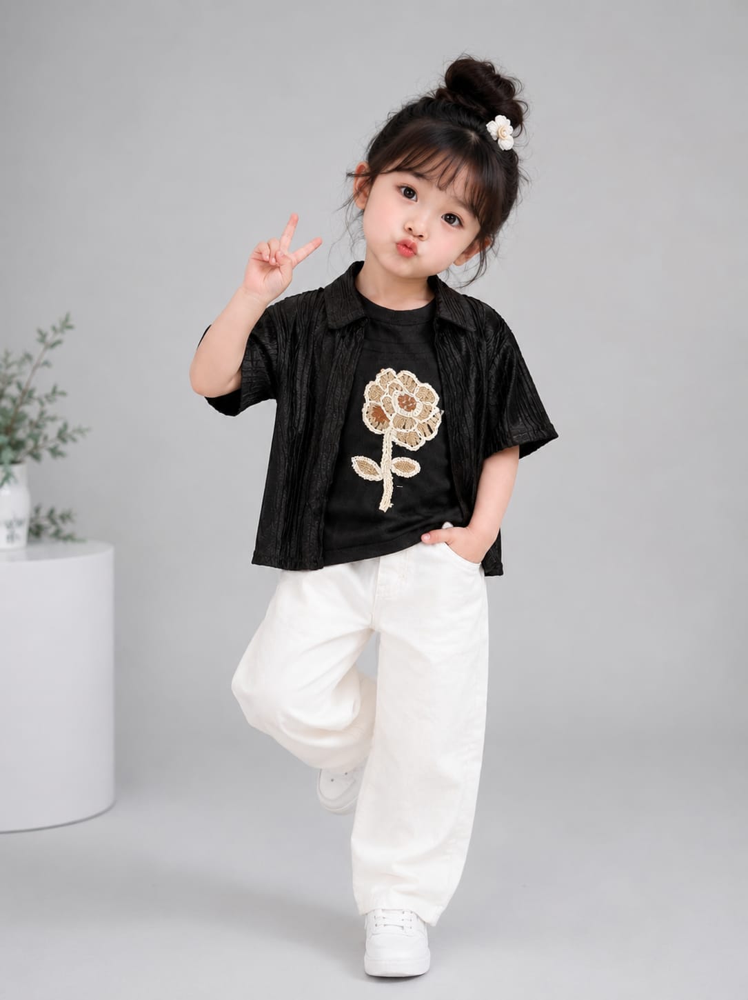 Kids Pleated Shirt with Floral Embroidery Inner T-Shirt Set | Premium 2-Piece Outfit | Size 18–26