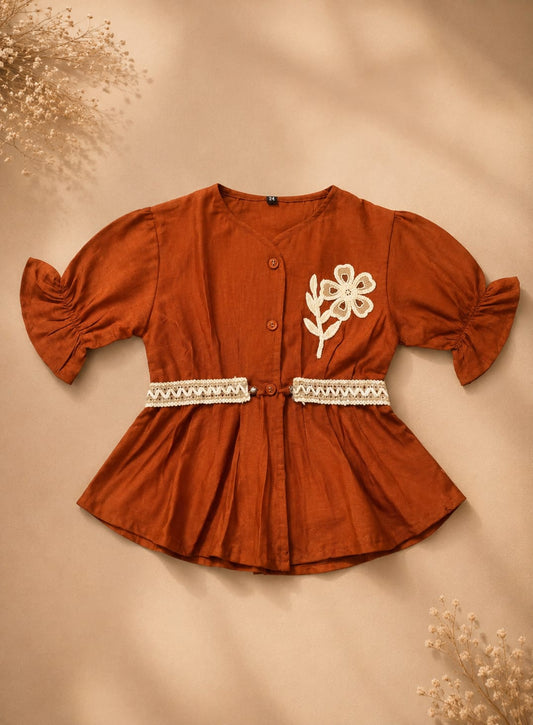 Girls Embroidered Peplum Top | Puff Sleeve Cotton Party Wear Top | Size 18–26
