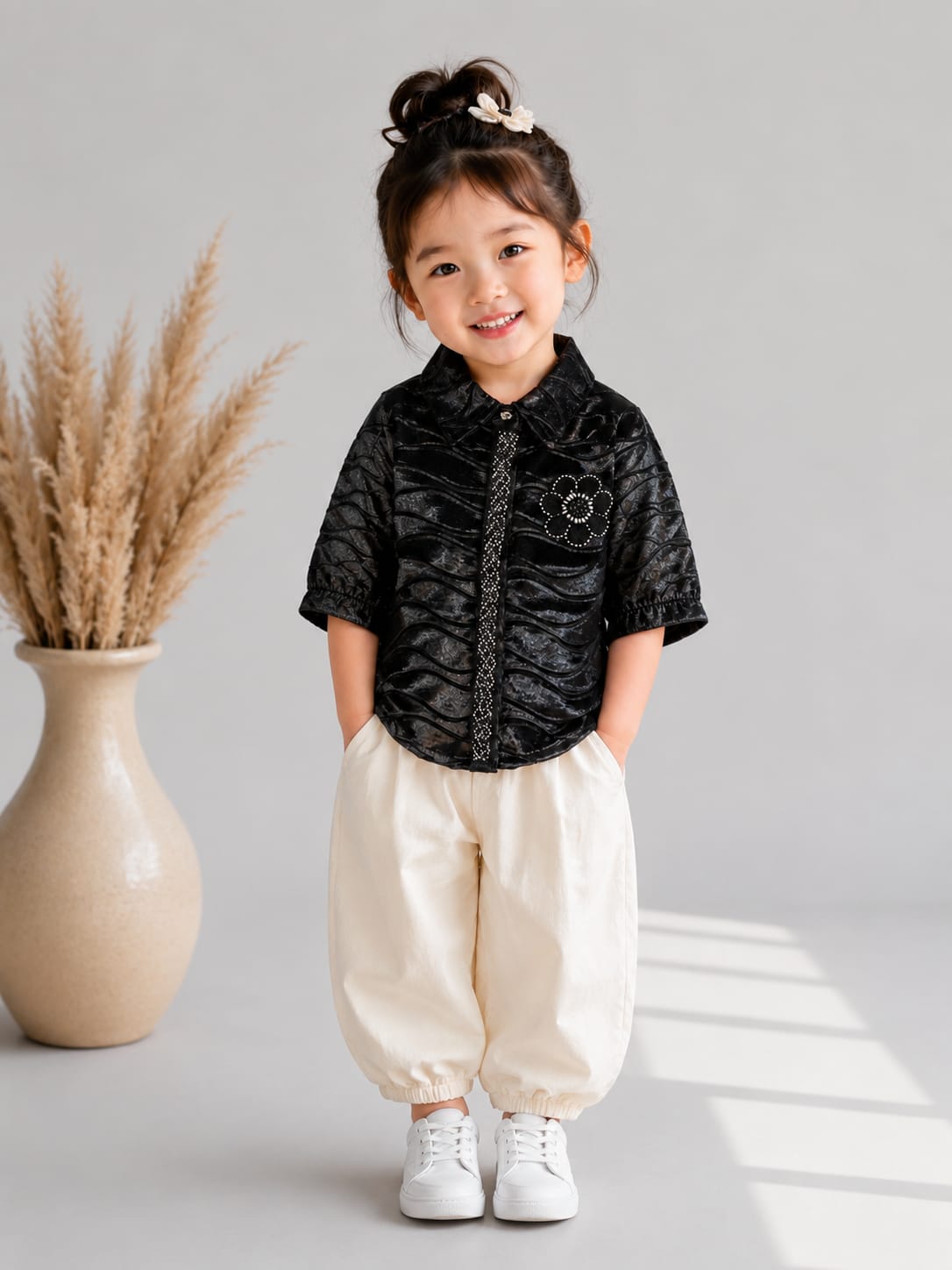 Girls Premium Black Textured Party Shirt | Designer Floral Embellished Top | Size 18–26