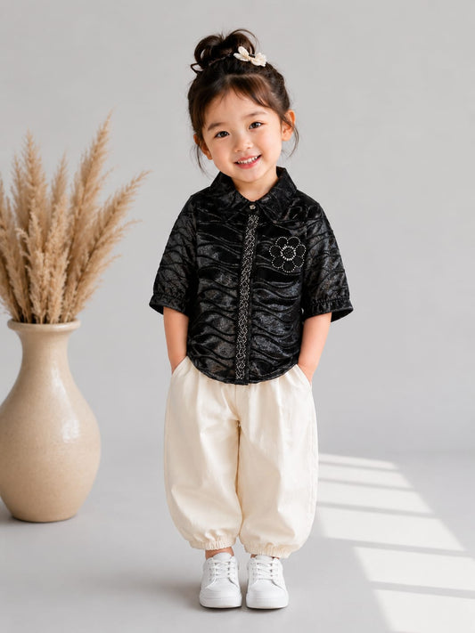 Girls Premium Black Textured Party Shirt | Designer Floral Embellished Top | Size 18–26