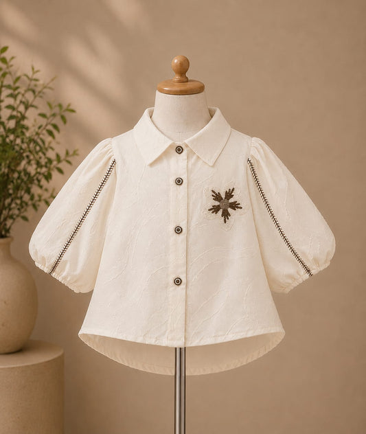 Girls Premium Off White Embroidered Party Top | Balloon Sleeve Designer Shirt | Size 18–26