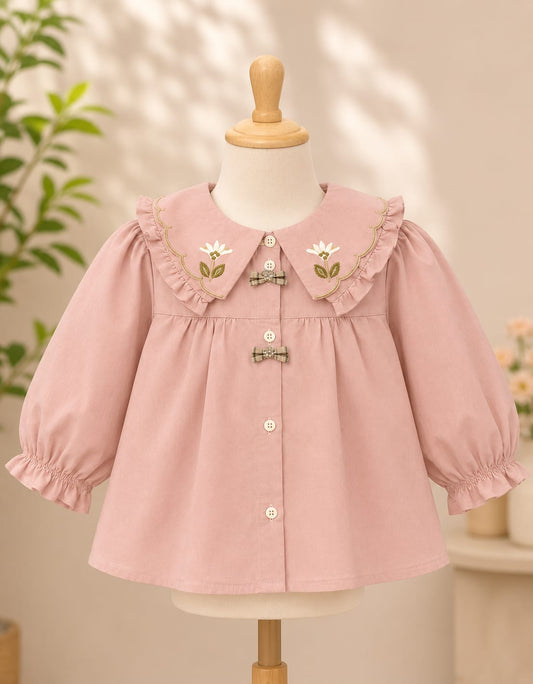 Girls Premium Pink Embroidered Peter Pan Collar Top | Designer Balloon Sleeve Shirt | Size 18–26