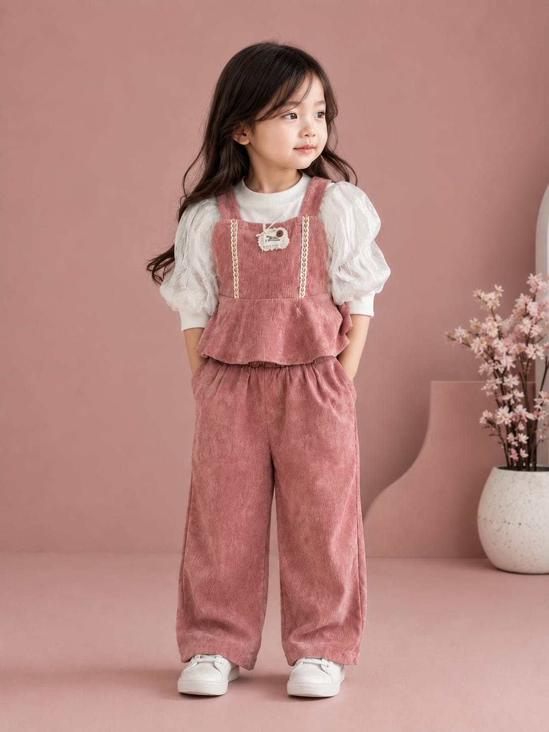 Girls 3-Piece Pink Co-Ord Set with Puff Sleeve Top & Wide Leg Pants | Party Wear | Size 18–26