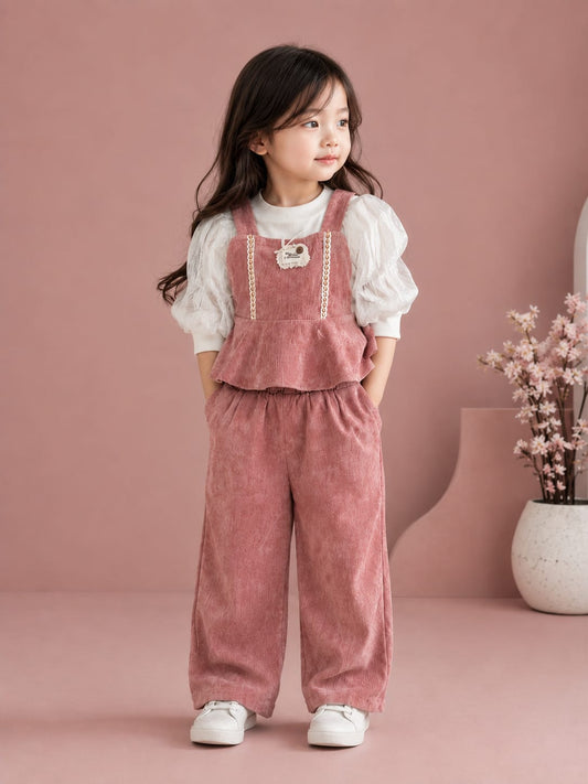 Girls 3-Piece Pink Co-Ord Set with Puff Sleeve Top & Wide Leg Pants | Party Wear | Size 18–26