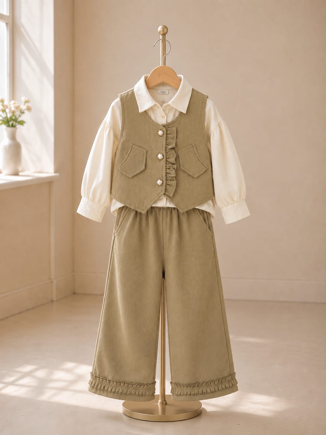 Girls Premium 3-Piece Waistcoat Co-Ord Set | Shirt, Waistcoat & Wide Leg Pant | Casual & Party Wear | Size 16–26