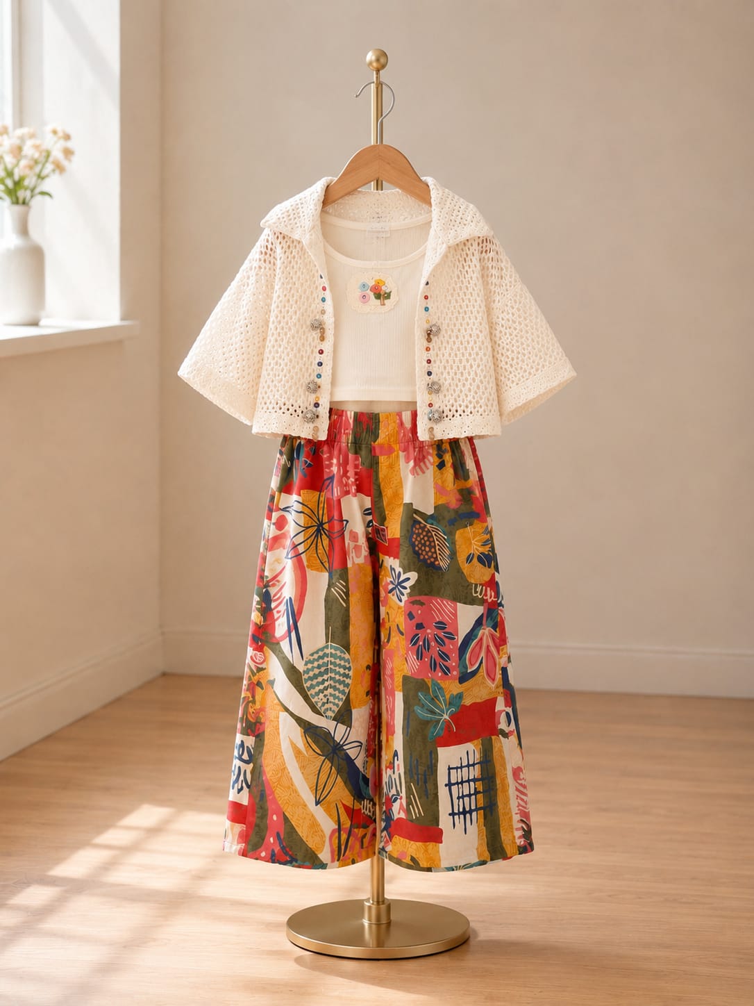 Girls Premium 3-Piece Printed Co-Ord Set | Crochet Shrug, Inner Top & Wide Leg Palazzo | Size 18–26