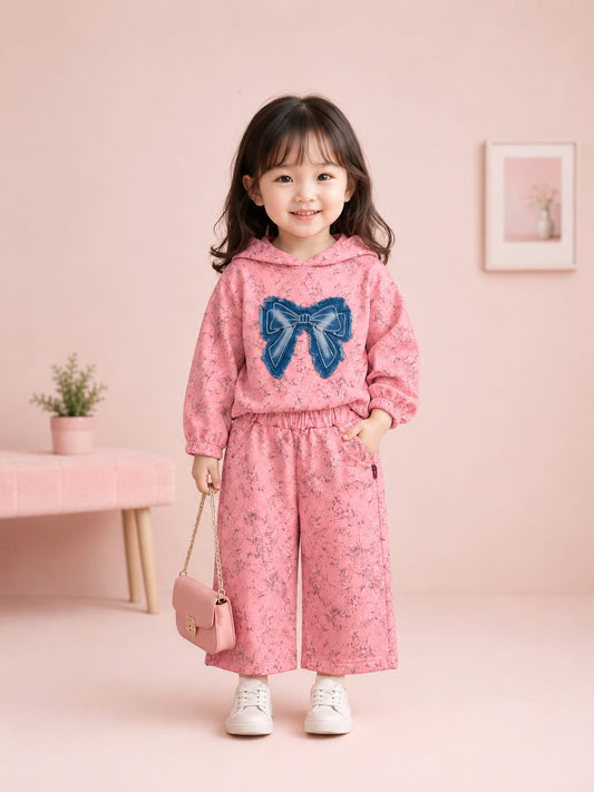 Girls Premium Pink Hoodie & Wide Leg Co-Ord Set | Bow Design | Size 18–26
