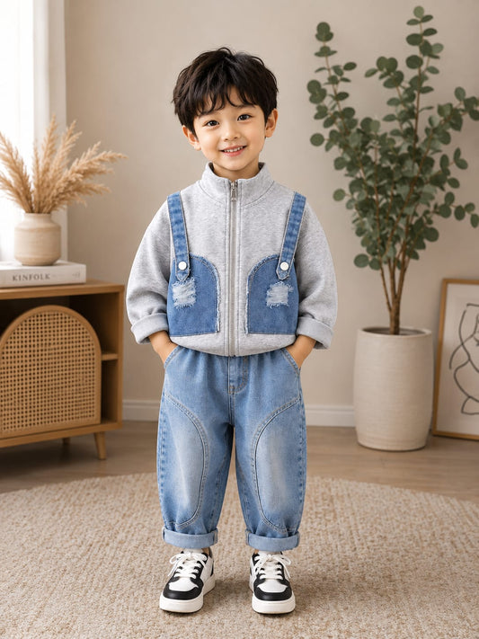 Boys Premium Denim Jogger Co-Ord Set | Grey Zip Jacket & Blue Denim Pants | Size 18–26