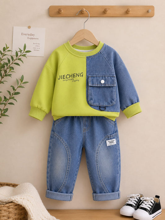 Boys Premium Denim Co-Ord Set | Lime Green Sweatshirt & Blue Denim Jogger | Size 18–26