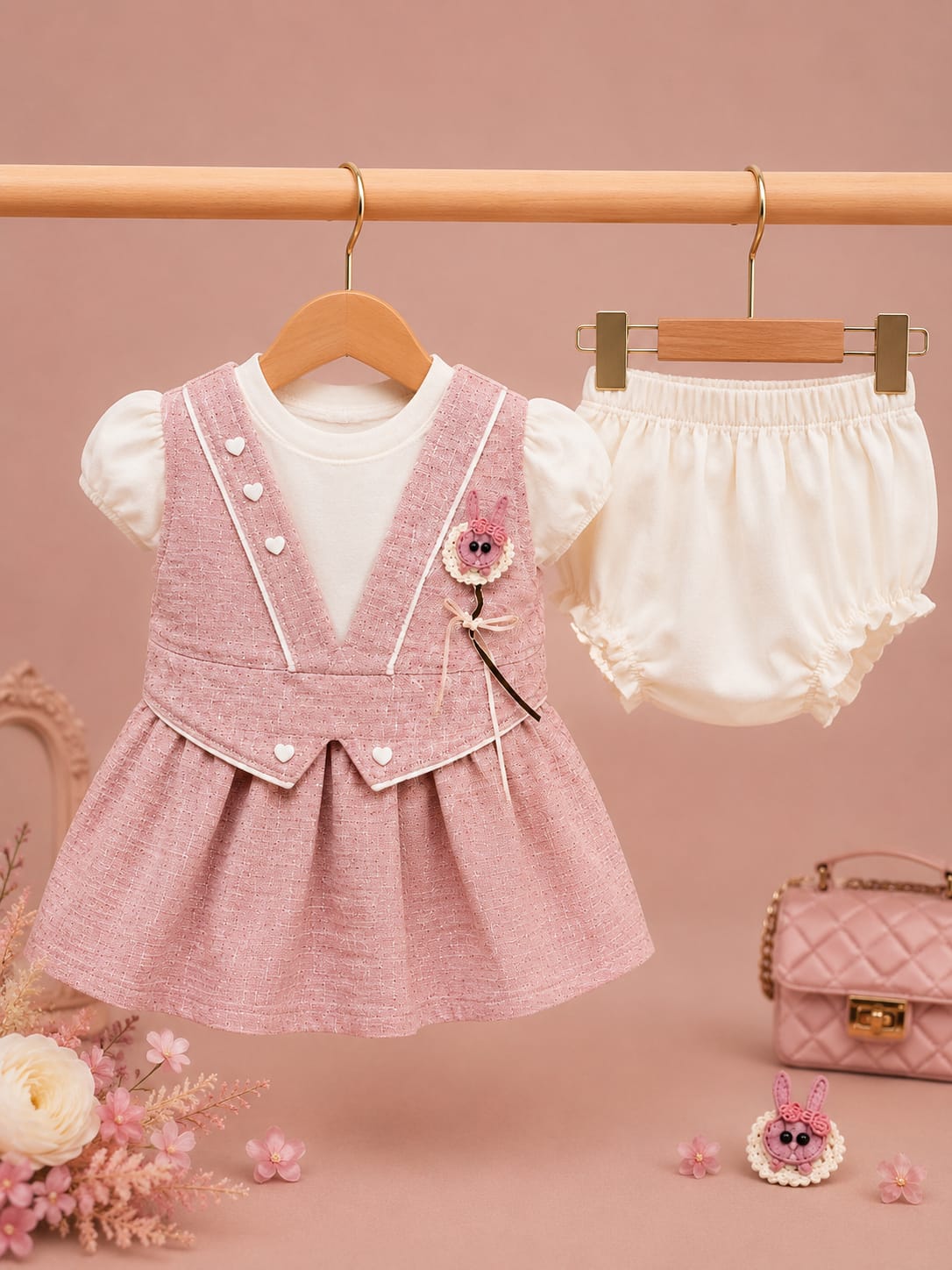Baby Girls Pink Party Wear Dress Set with Bloomer | 2-Piece Outfit | 3–12 Months