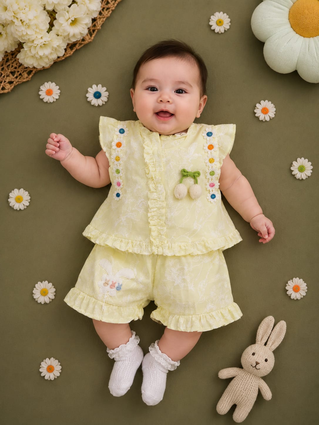 Baby Girls Yellow Floral Co-Ord Set | Ruffle Top & Shorts | 2-Piece Outfit | 3–12 Months