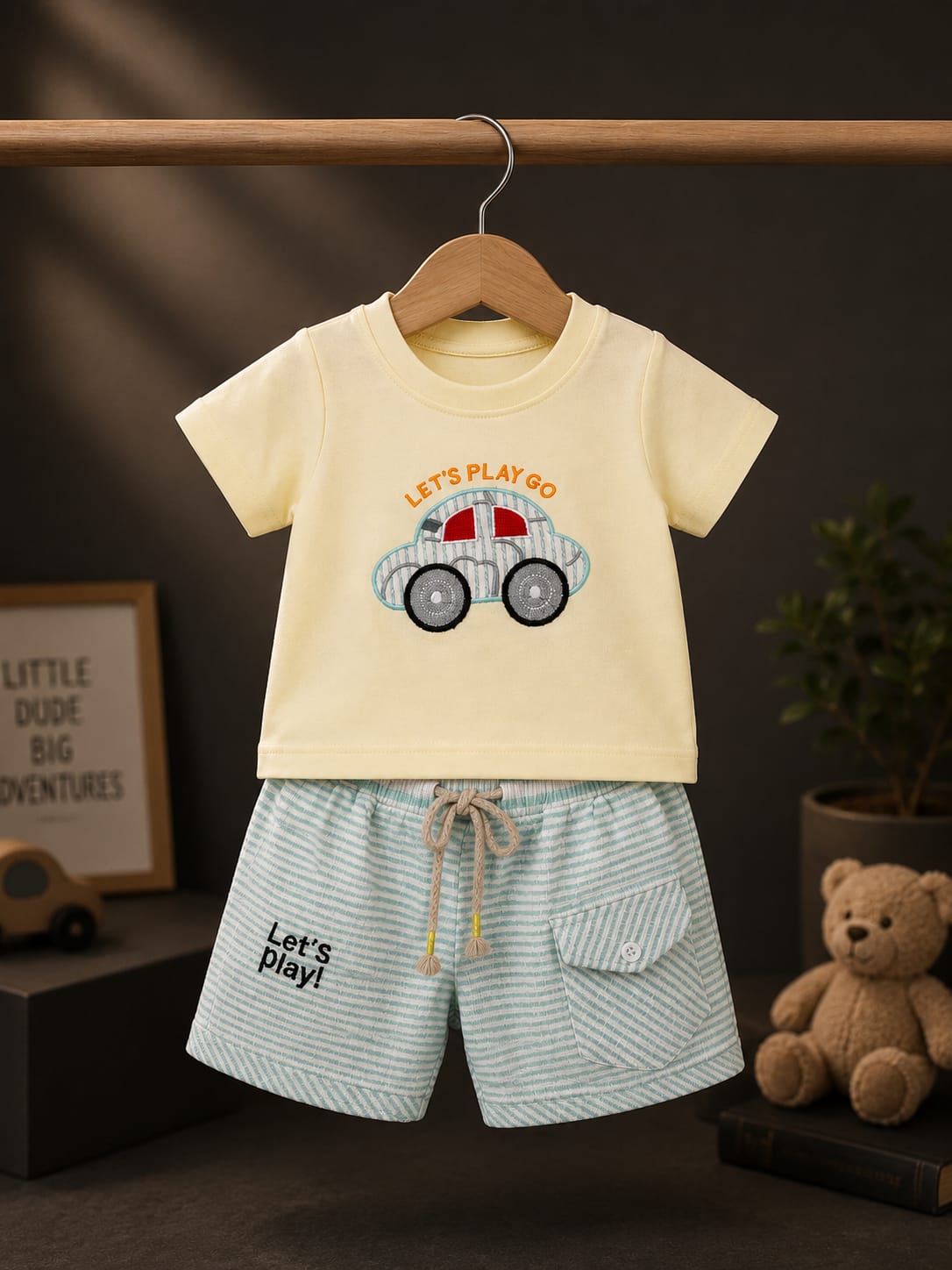 Baby Boys Car Print T-Shirt & Striped Shorts Set | Soft Cotton 2-Piece Outfit | 3–9 Months