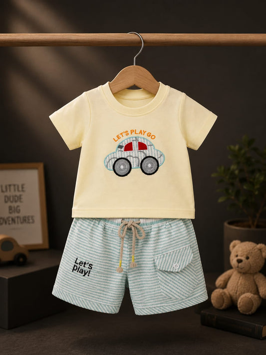 Baby Boys Car Print T-Shirt & Striped Shorts Set | Soft Cotton 2-Piece Outfit | 3–9 Months