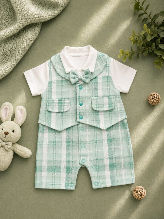 Baby Boys Checked Gentleman Romper with Bow Tie | Formal Party Wear Jumpsuit | 3–12 Months