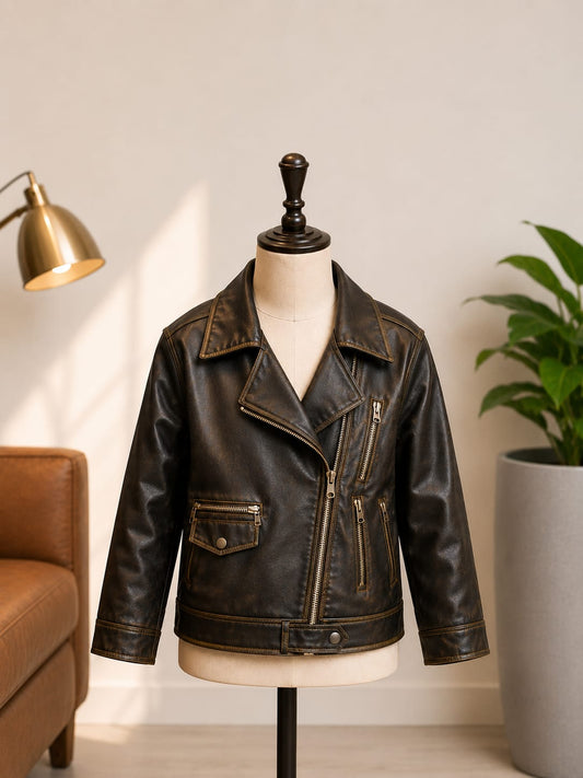 Kids Premium Black Faux Leather Jacket | Stylish Winter Jacket | Age 7–9 Years