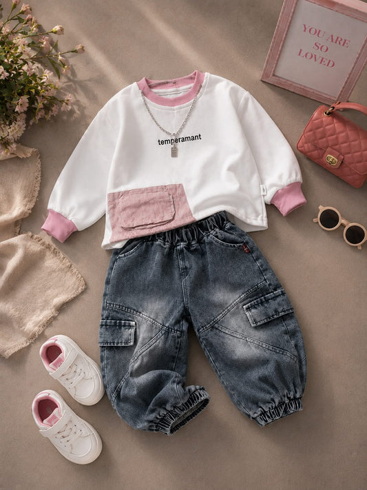 Girls Premium Sweatshirt & Denim Jogger Co-Ord Set | White & Pink Casual Outfit | Size 18–26