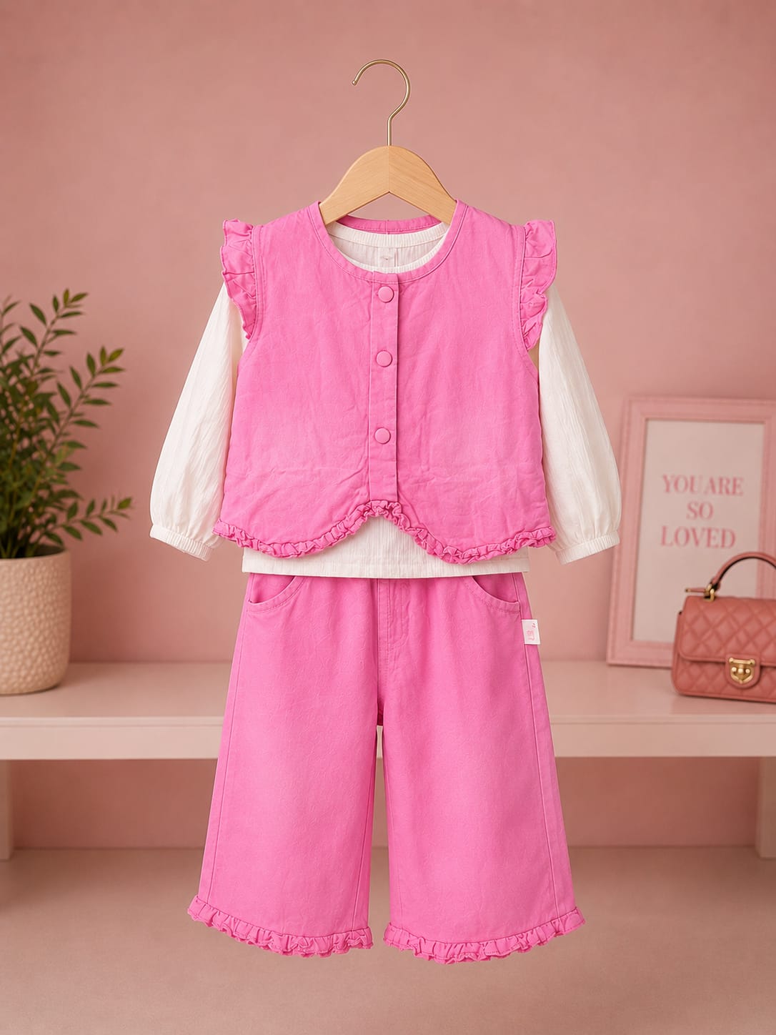 Girls Pink 3-Piece Co-Ord Set | Ruffle Vest, Full Sleeve Top & Wide Leg Pants | Size 18–26