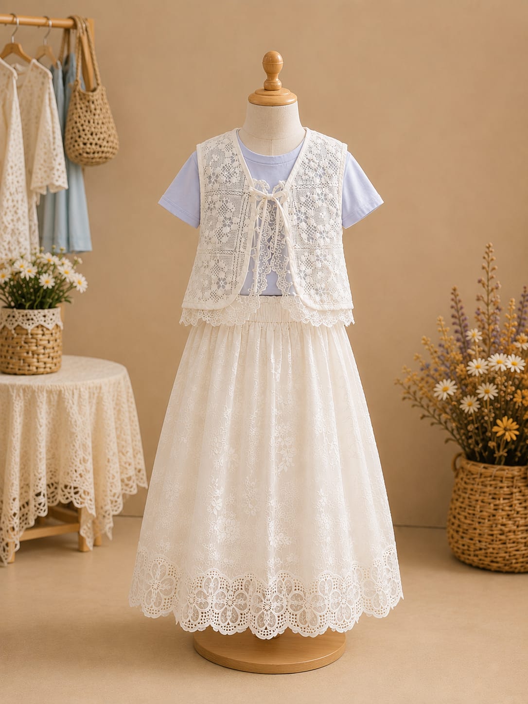 Girls Elegant Lace Top & Embroidered Long Skirt Co-Ord Set | Party Wear | 2–6 Years