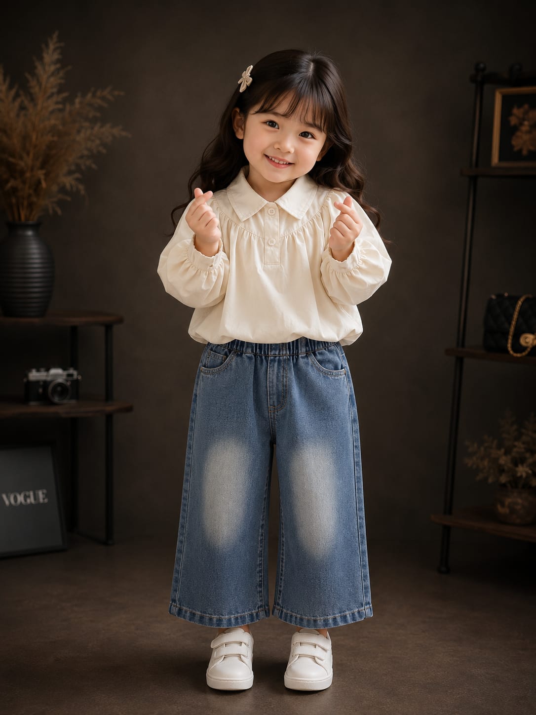 Girls White Puff Sleeve Top & Wide Leg Denim Jeans Co-Ord Set | Casual Wear | 2–6 Years