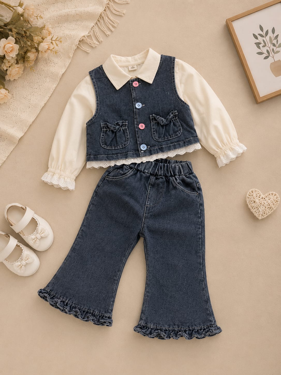 Girls Denim 3-Piece Co-Ord Set | White Lace Top, Denim Vest & Frill Hem Pants | Size 18–26