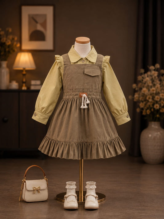 Girls Premium Pinafore Dress with Full Sleeve Shirt | 2-Piece Casual Party Wear Set | Size 5–9 Years