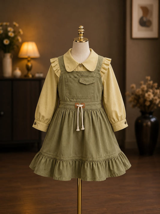 Girls Premium Pinafore Dress with Full Sleeve Shirt | 2-Piece Casual & Party Wear Dress Set | Size 5–9 Years